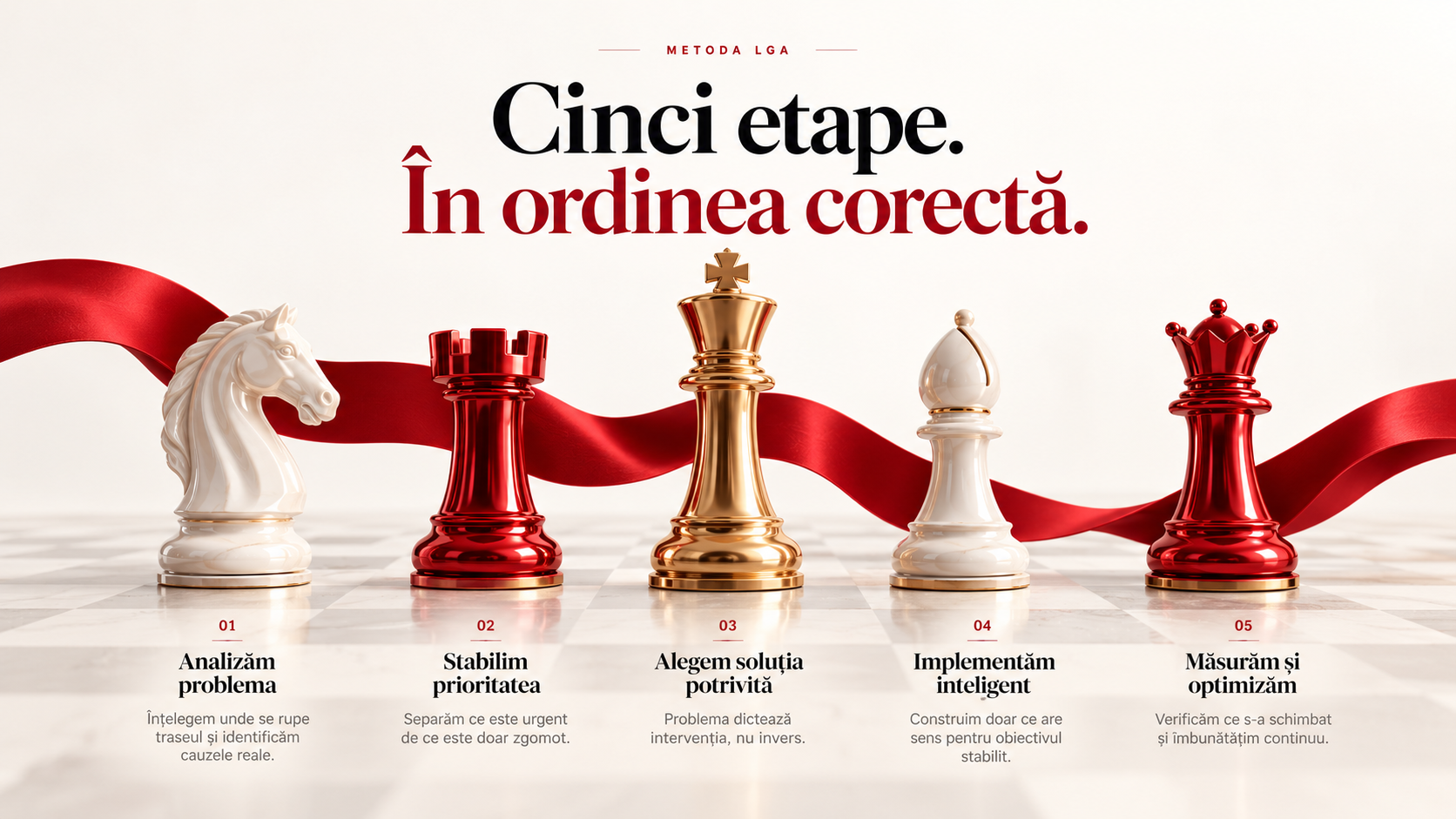 Metoda LGA — cinci etape în ordinea corectă: analizăm problema, stabilim prioritatea, alegem soluția potrivită, implementăm inteligent, măsurăm și optimizăm.