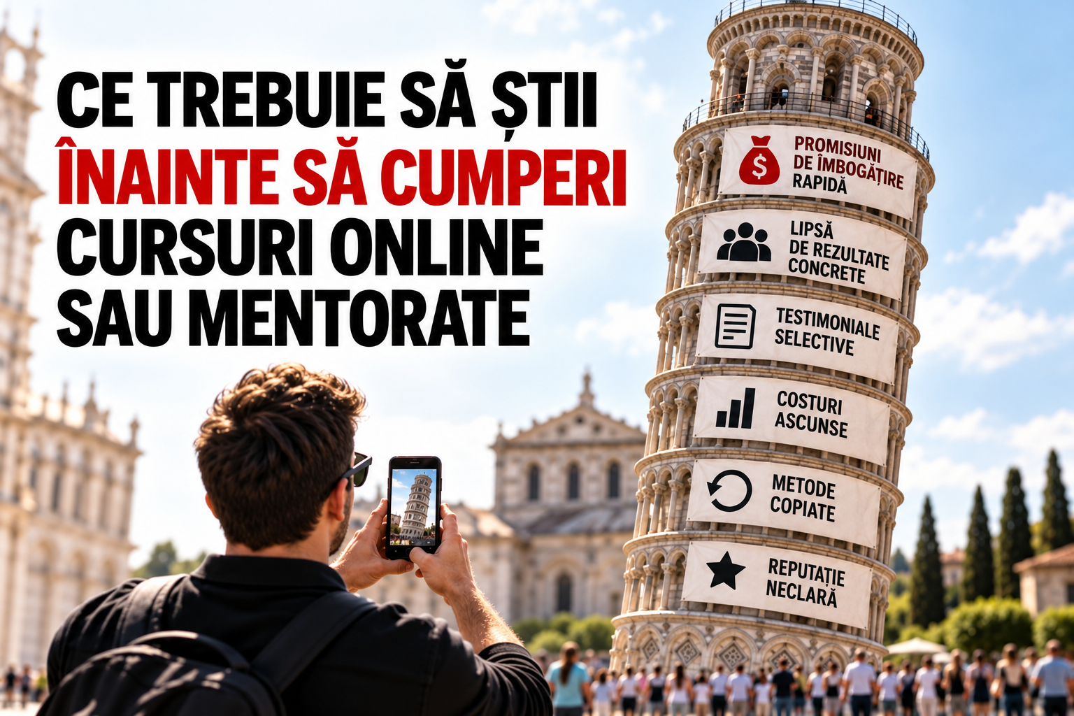 Ce trebuie să știi înainte să cumperi cursuri online sau mentorate: turist care fotografiază Turnul din Pisa cu avertismente despre cursuri